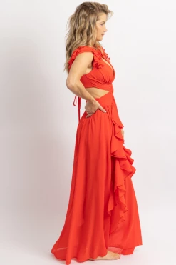 LUXXEL NEW ARRIVALS RED RUFFLED BUCKLE OPEN BACK MAXI DRESS *BACK IN STOCK* 8 LUXXEL NEW ARRIVALS RED RUFFLED BUCKLE OPEN BACK MAXI DRESS *BACK IN STOCK*