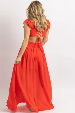 LUXXEL NEW ARRIVALS RED RUFFLED BUCKLE OPEN BACK MAXI DRESS *BACK IN STOCK* 9 LUXXEL NEW ARRIVALS RED RUFFLED BUCKLE OPEN BACK MAXI DRESS *BACK IN STOCK*
