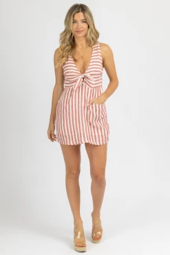 OLIVACEOUS RED LINEN STRIPED TANK DRESS CLOTHING