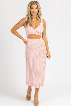 SKYLAR + MADISON RED STRIPE OPEN BUTTON MIDI DRESS CLOTHING