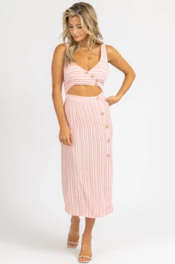 SKYLAR + MADISON RED STRIPE OPEN BUTTON MIDI DRESS CLOTHING