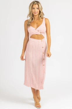 SKYLAR + MADISON RED STRIPE OPEN BUTTON MIDI DRESS CLOTHING