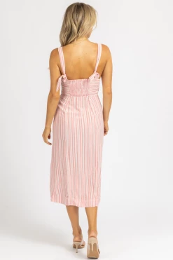 SKYLAR + MADISON RED STRIPE OPEN BUTTON MIDI DRESS CLOTHING
