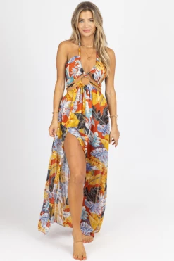 OMG STYLES RUST TROPICAL HIGH SLIT MAXI COVER UP NEW ARRIVALS