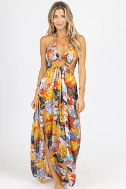 OMG STYLES RUST TROPICAL HIGH SLIT MAXI COVER UP NEW ARRIVALS