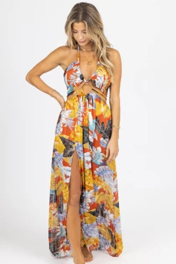OMG STYLES RUST TROPICAL HIGH SLIT MAXI COVER UP NEW ARRIVALS
