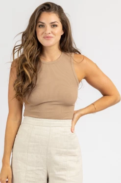 LE LIS ROUND NECK SLEEVELESS BODYSUIT IN TAN