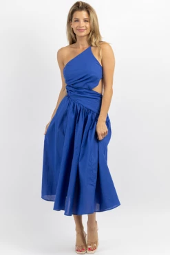 LUXXEL DEEP WATERS ASYMMETRIC RUCHE MIDI DRESS NEW ARRIVALS