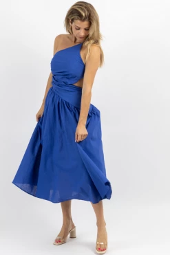 LUXXEL DEEP WATERS ASYMMETRIC RUCHE MIDI DRESS NEW ARRIVALS