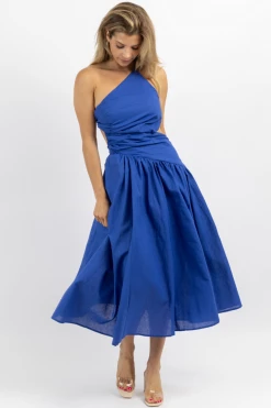 LUXXEL DEEP WATERS ASYMMETRIC RUCHE MIDI DRESS NEW ARRIVALS