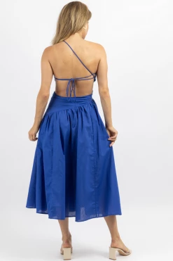 LUXXEL DEEP WATERS ASYMMETRIC RUCHE MIDI DRESS NEW ARRIVALS