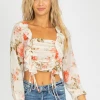 FASHIONEMOJI FLORAL RUFFLE RUCHED CROP CLOTHING