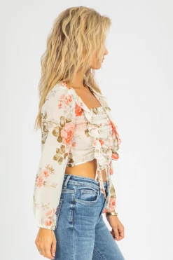 FASHIONEMOJI FLORAL RUFFLE RUCHED CROP CLOTHING