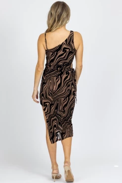 ENDLESS BLU MOCHA ABSTRACT ASYMMETRIC CUTOUT MIDI DRESS