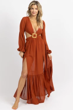 LUXXEL RUST SQUARE TRIM HIGH SLIT MAXI DRESS NEW ARRIVALS