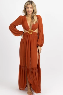 LUXXEL RUST SQUARE TRIM HIGH SLIT MAXI DRESS NEW ARRIVALS