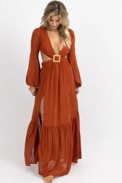 LUXXEL RUST SQUARE TRIM HIGH SLIT MAXI DRESS NEW ARRIVALS