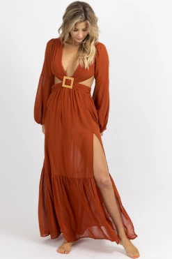 LUXXEL RUST SQUARE TRIM HIGH SLIT MAXI DRESS NEW ARRIVALS