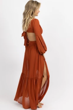 LUXXEL RUST SQUARE TRIM HIGH SLIT MAXI DRESS NEW ARRIVALS