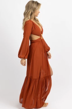 LUXXEL RUST SQUARE TRIM HIGH SLIT MAXI DRESS NEW ARRIVALS