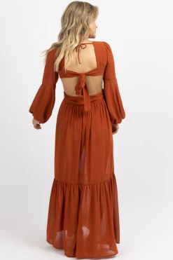 LUXXEL RUST SQUARE TRIM HIGH SLIT MAXI DRESS NEW ARRIVALS