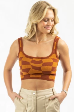 BAILEY ROSE RUST CHECKED KNIT CROP TANK