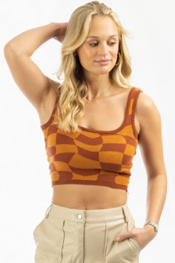 BAILEY ROSE RUST CHECKED KNIT CROP TANK