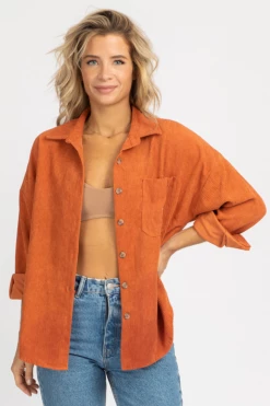 THE FREE YOGA RUST CORDUROY SHIRT JACKET