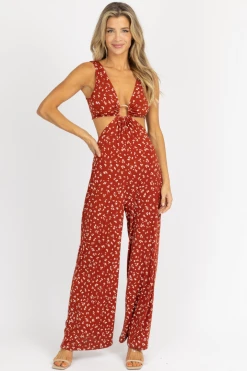 ENDLESS BLU NEW ARRIVALS BURNT ORANGE FLORAL O-RING JUMPSUIT