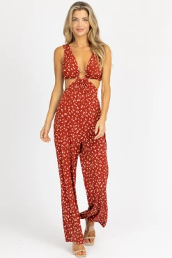 ENDLESS BLU NEW ARRIVALS BURNT ORANGE FLORAL O-RING JUMPSUIT