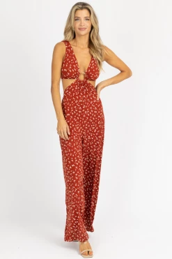 ENDLESS BLU NEW ARRIVALS BURNT ORANGE FLORAL O-RING JUMPSUIT