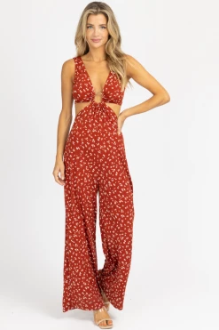 ENDLESS BLU NEW ARRIVALS BURNT ORANGE FLORAL O-RING JUMPSUIT