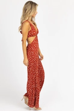 ENDLESS BLU NEW ARRIVALS BURNT ORANGE FLORAL O-RING JUMPSUIT