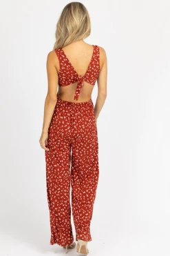 ENDLESS BLU NEW ARRIVALS BURNT ORANGE FLORAL O-RING JUMPSUIT