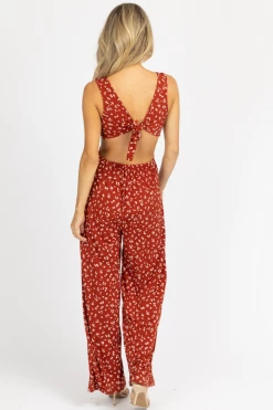 ENDLESS BLU NEW ARRIVALS BURNT ORANGE FLORAL O-RING JUMPSUIT