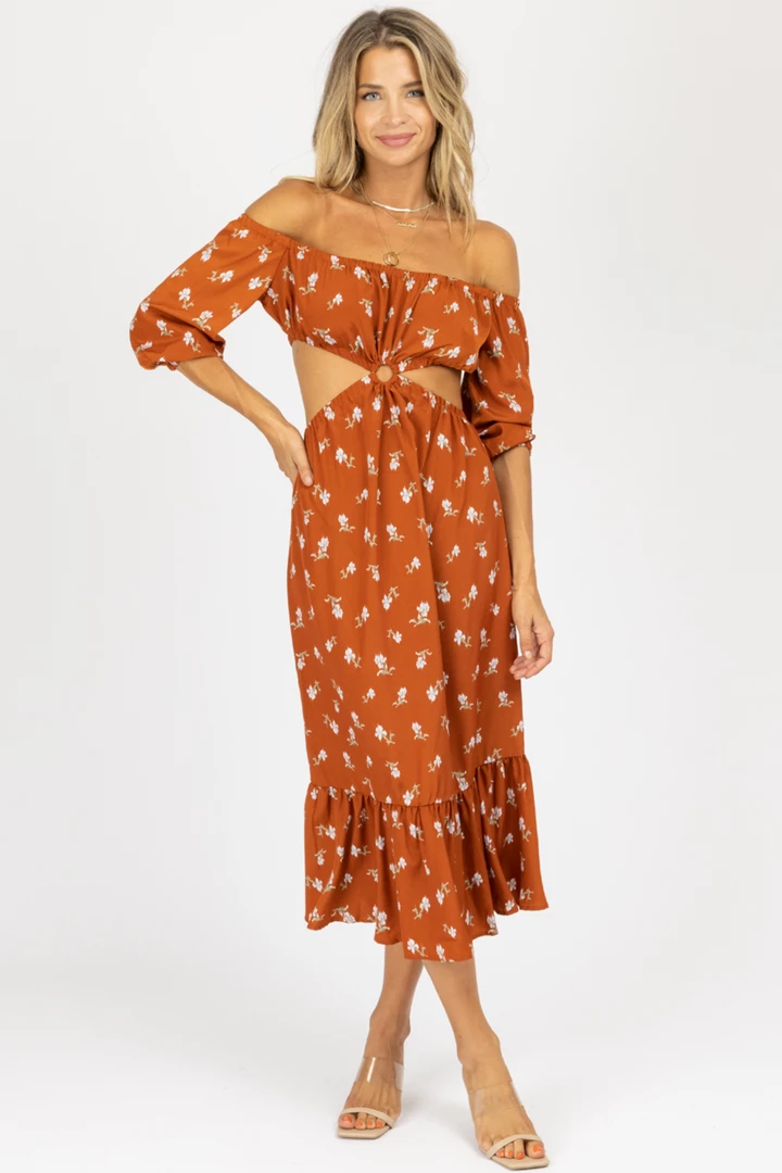 ENDLESS BLU RUST FLORAL O-RING MIDI DRESS NEW ARRIVALS 1 ENDLESS BLU RUST FLORAL O-RING MIDI DRESS NEW ARRIVALS