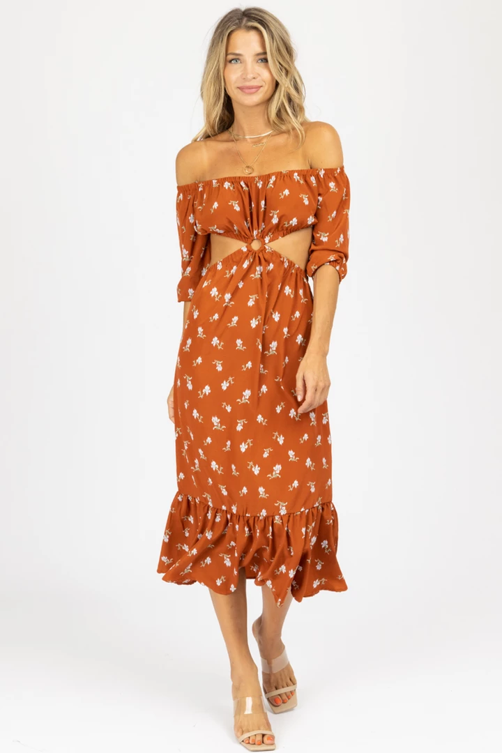 ENDLESS BLU RUST FLORAL O-RING MIDI DRESS NEW ARRIVALS 4 ENDLESS BLU RUST FLORAL O-RING MIDI DRESS NEW ARRIVALS