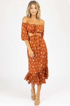 ENDLESS BLU RUST FLORAL O-RING MIDI DRESS NEW ARRIVALS