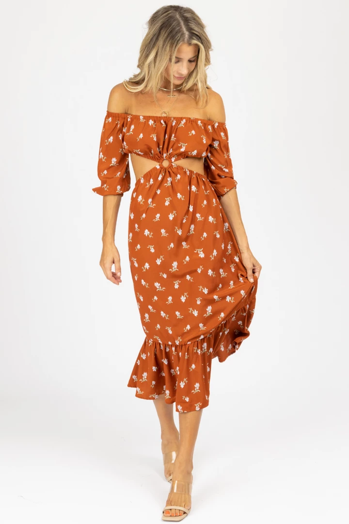 ENDLESS BLU RUST FLORAL O-RING MIDI DRESS NEW ARRIVALS 3 ENDLESS BLU RUST FLORAL O-RING MIDI DRESS NEW ARRIVALS