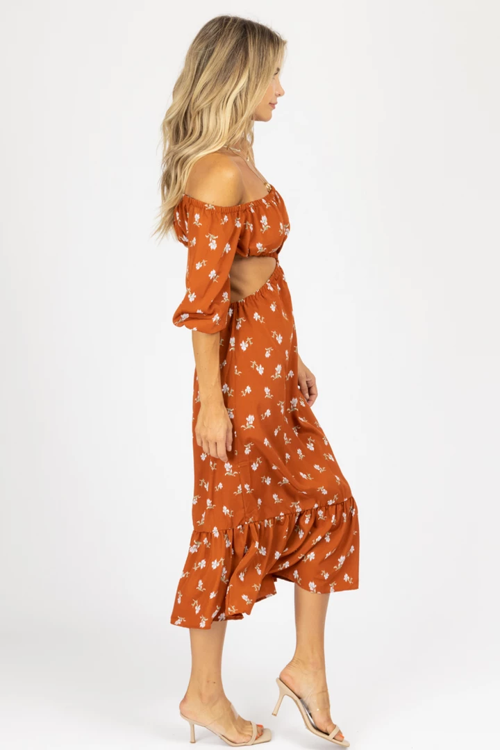 ENDLESS BLU RUST FLORAL O-RING MIDI DRESS NEW ARRIVALS 5 ENDLESS BLU RUST FLORAL O-RING MIDI DRESS NEW ARRIVALS