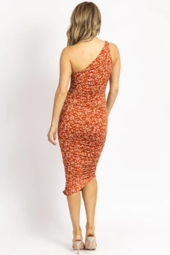 ENDLESS BLU RUST FLORAL ONE SHOULDER RUCHED MIDI DRESS