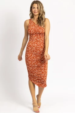 ENDLESS BLU RUST FLORAL ONE SHOULDER RUCHED MIDI DRESS