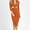 L'ABEYE BRICK LONG SLEEVE COLLARED SLINKY MIDI DRESS NEW ARRIVALS