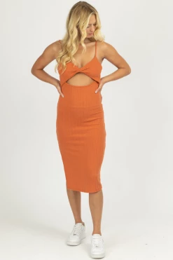 ENDLESS BLU CLOTHING TERRACOTTA TWIST FRONT CUTOUT MIDI DRESS