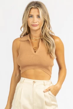MISS LOVE TERRACOTTA RIBBED COLLARED CROP TANK