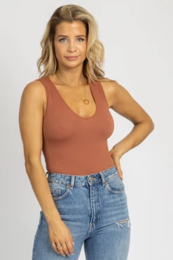 DYNAMIC FASHION RUST V-PLUNGE RIBBED TANK BODYSUIT *BACK IN STOCK*