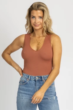 DYNAMIC FASHION RUST V-PLUNGE RIBBED TANK BODYSUIT *BACK IN STOCK*