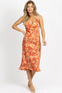 LOVELY DAY RUST SATIN CRISS-CROSS MIDI DRESS