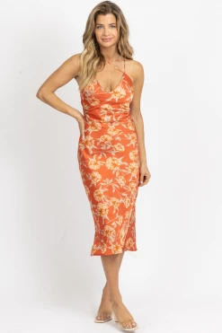 LOVELY DAY RUST SATIN CRISS-CROSS MIDI DRESS