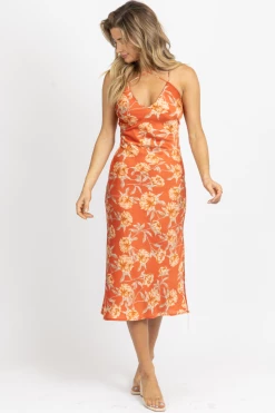 LOVELY DAY RUST SATIN CRISS-CROSS MIDI DRESS